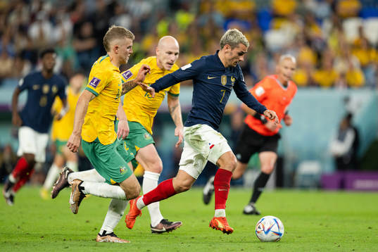 Riley McGree and Aaron Mooy of Australia agasitn Antoine