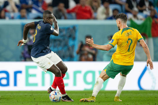 Dayot Upamecano of France against Mathew Leckie of Australia