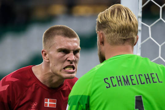 Rasmus Kristensen reacts in front of goalkeeper Kasper