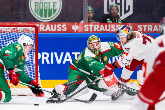 goalkeeper Christoffer Rifalk of Rögle and Nicolai Meyer