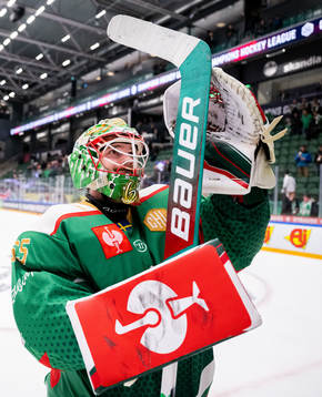 Goalkeeper Christoffer Rifalk of Rögle celebrates
