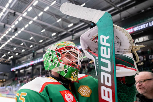 Goalkeeper Christoffer Rifalk of Rögle celebrates