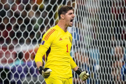 Goalkeeper Thibaut Courtoisof Belgium celebrates