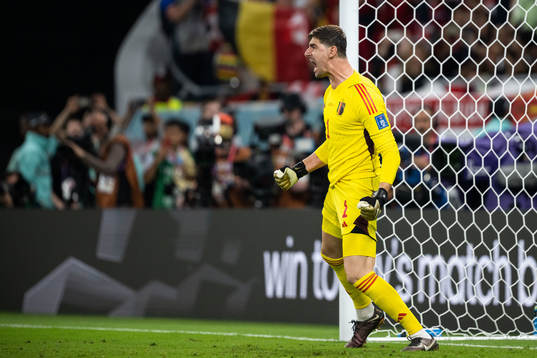 Goalkeeper Thibaut Courtoisof Belgium celebrates