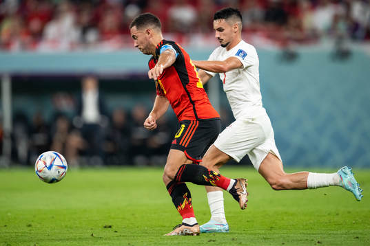 Eden Hazard of Belgium and Stephen Eustaquio of Canada