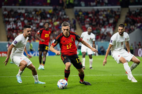 Leandro Trossard of Belgium against Stephen Eustaquio and