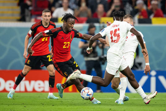 Michy Batshuayi of Belgium against Alistair Johnston and