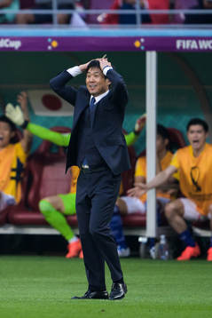Head coach Hajime Moriyasu of Japan reacts