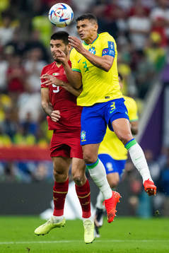 Aleksandar Mitrovic of Serbia and Thiago Silvaof Brazil