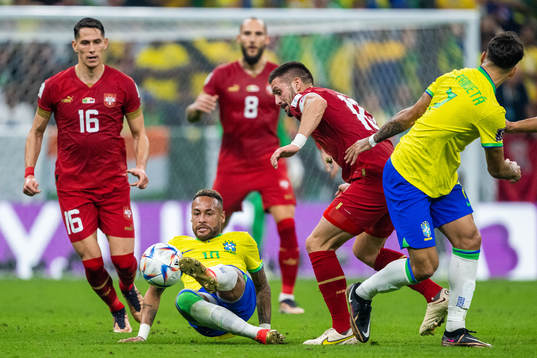 Sasa Lukic and Dusan Tadic of Serbia compete for the ball