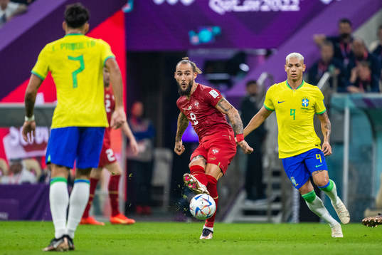 Nemanja Gudelj of Serbia and Richarlison of Brazil