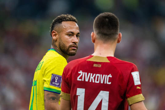 Neymar of Brazil and Andrija Zivkovic of Serbia