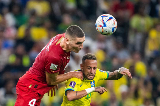 Nikola Milenkovic of Serbia and Neymar of Brazil