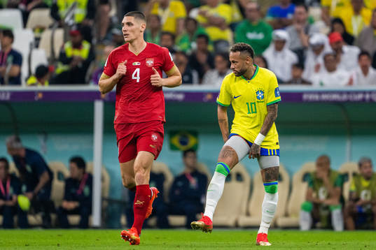 Nikola Milenkovic of Serbia and Neymar of Brazil