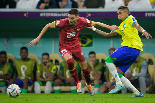 Filip Mladenovic of Serbia and Raphinha of Brazil
