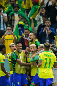 Richarlison of Brazil celebrates the 2-0 goal with teammates
