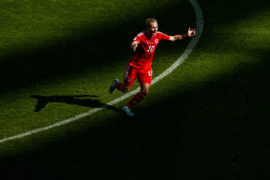 Aaron Ramsey of Wales reacts