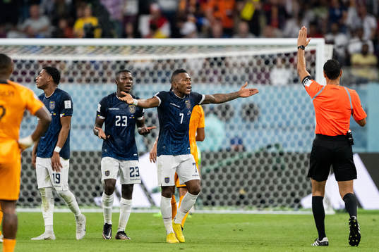 Mason Mount, Moises Caicedo and Pervis Estupinan of Ecuador