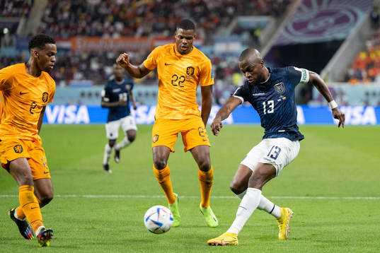 Jurrien Timber and Denzel Dumfries of Netherlands against