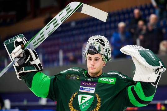 Färjestads målvakt Matthew Tomkins jublar