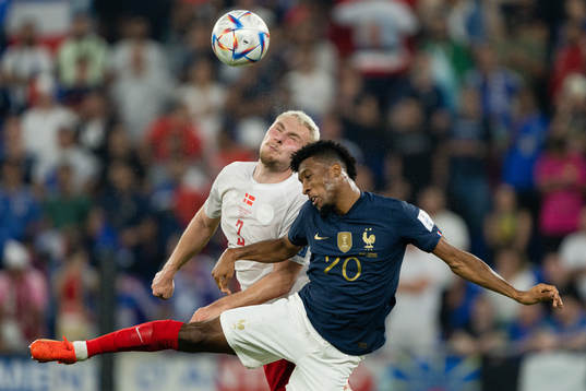 Victor Nelsson of Denmark and Kingsley Coman of France