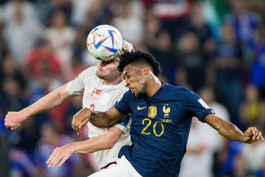 Victor Nelsson of Denmark and Kingsley Coman of France