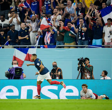 Kylian Mbappe of France celebrates his 1-0 goal as Joachim