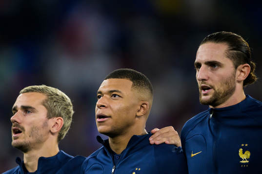Antoine Griezmann, Kylian Mbappe and Adrien Rabiot of France