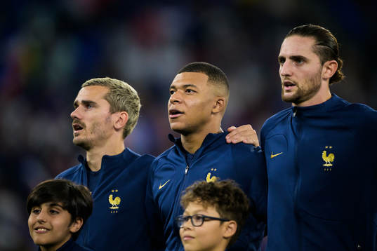Antoine Griezmann, Kylian Mbappe and Adrien Rabiot of France