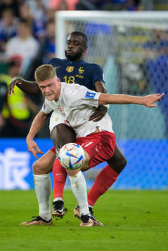 Andreas Cornelius of Denmark and Dayot Upamecano of France