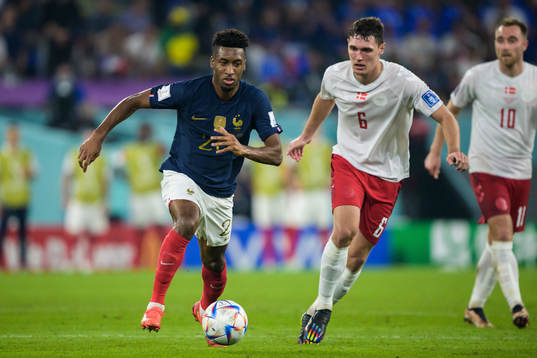 Kingsley Coman of France and Andreas Christensen of Denmark