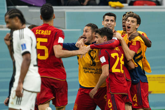 Alvaro Morata of Spain celebrates with teammates