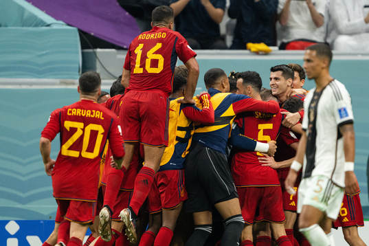 Alvaro Morata of Spain celebrates with teammates