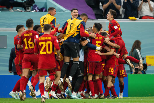 Alvaro Morata of Spain celebrates with teammates
