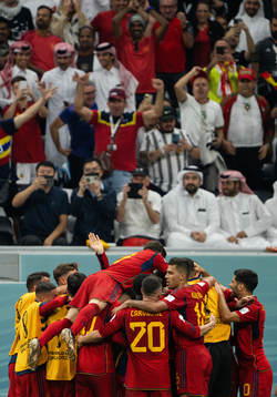Alvaro Morata of Spain celebrates with teammates