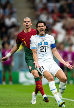 Pepe of Portugal and Edinson Cavani of Uruguay