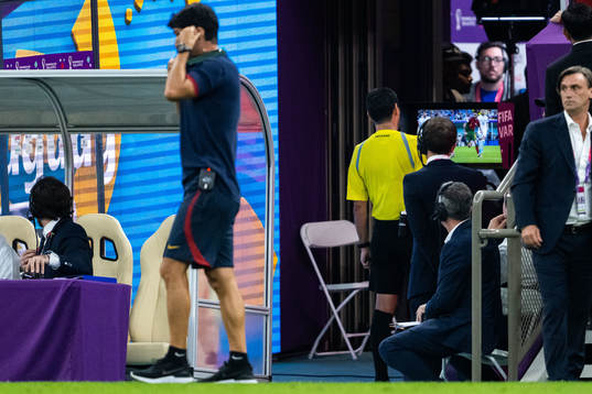 Referee Alireza Faghani  looks at the VAR monitor