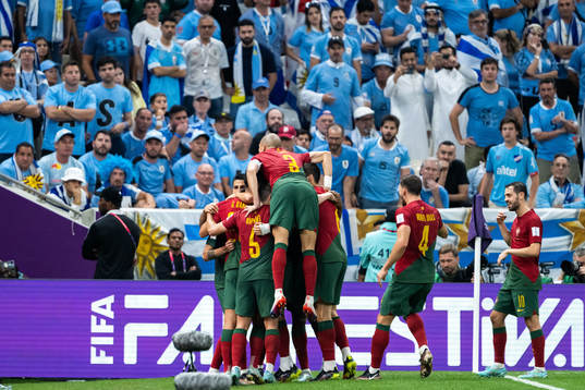 Players of Portugal celebrate 2-0 by Bruno Fernandes