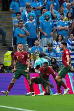 Bruno Fernandes of Portugal celebrates with Rafael Leao and