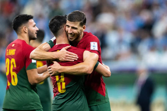 Bruno Fernandes and Ruben Dias of Portugal