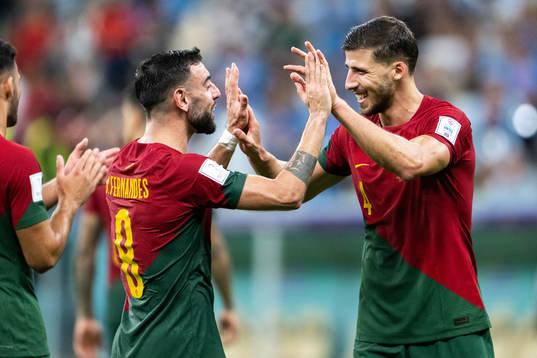 Bruno Fernandes and Ruben Dias of Portugal