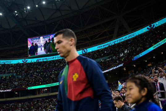 A screen in the stands behind Cristiano Ronaldo of Portugal