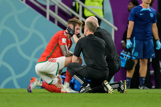 Joe Rodon of Wales recieves medical attention