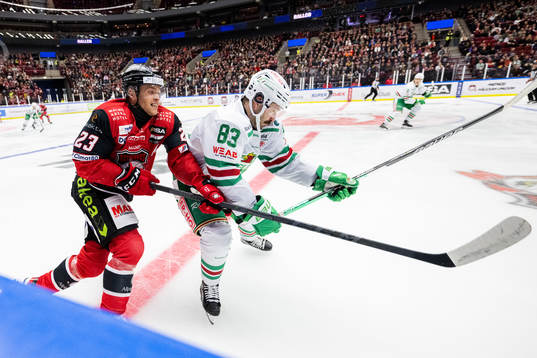 Malmö Redhawks Christoffer Forsberg och Rögles Riley Sheen