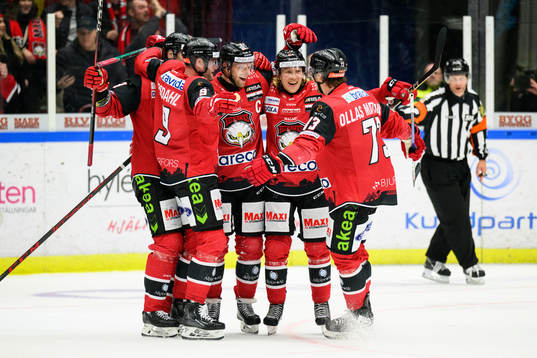 Malmö Redhawks Carl Söderberg jublar med lagkamrater