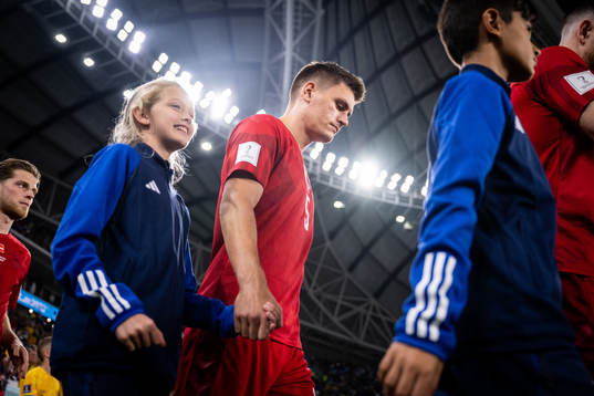 Joakim Mæhle of Denmark enters the pitch for the FIFA