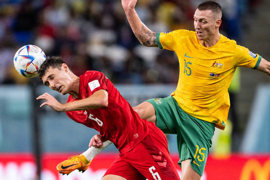 Andreas Christensen of Denmark and Mitchell Duke of