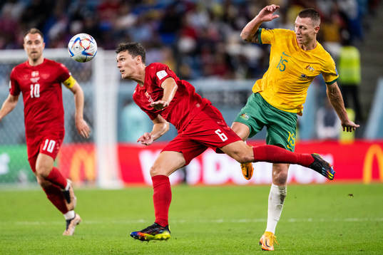 Andreas Christensen of Denmark and Mitchell Duke of