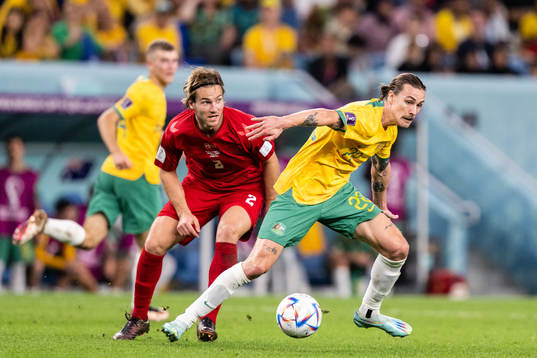 Joachim Andersen of Denmark and Jackson Irvine of Australia