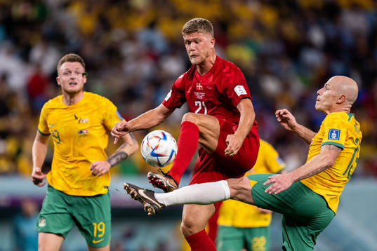 Andreas Cornelius of Denmark against Harry Souttar and